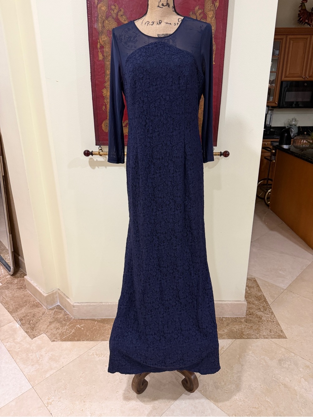 Adrianna Papell Navy Lace & Sheer Long Sleeve Gown